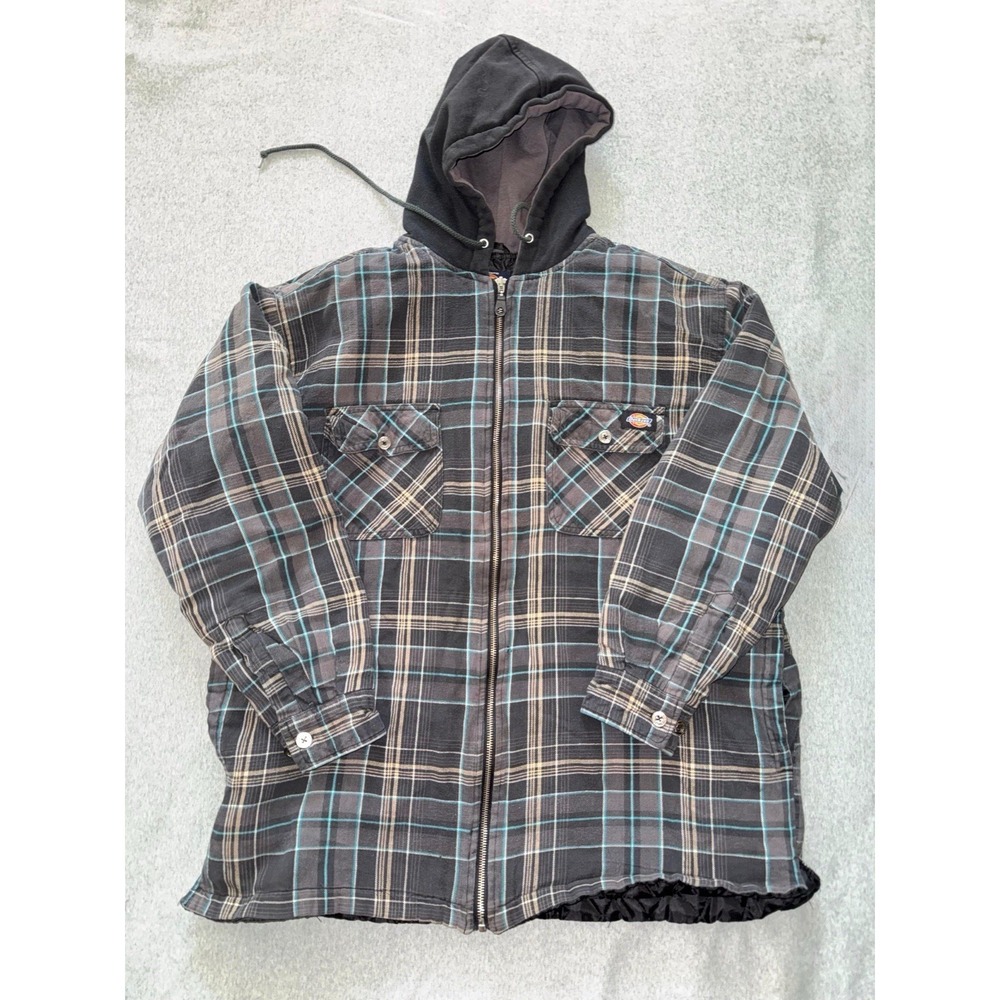 DICKIES Y2K Plaid Hooded Flannel Chore Jacket Quilted Lined grunge Thrashed Sz L